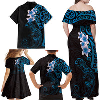 New Zealand Tuatara Plumeria Family Matching Off Shoulder Maxi Dress and Hawaiian Shirt Maori Blue Koru Tribal Tattoo LT01 - Polynesian Pride