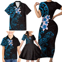 New Zealand Tuatara Plumeria Family Matching Short Sleeve Bodycon Dress and Hawaiian Shirt Maori Blue Koru Tribal Tattoo LT01 - Polynesian Pride