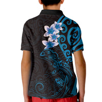 New Zealand Tuatara Plumeria Kid Polo Shirt Maori Blue Koru Tribal Tattoo LT01 - Polynesian Pride
