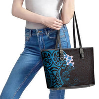 New Zealand Tuatara Plumeria Leather Tote Bag Maori Blue Koru Tribal Tattoo LT01 - Polynesian Pride