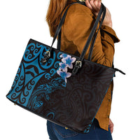 New Zealand Tuatara Plumeria Leather Tote Bag Maori Blue Koru Tribal Tattoo LT01 - Polynesian Pride