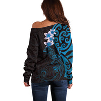 New Zealand Tuatara Plumeria Off Shoulder Sweater Maori Blue Koru Tribal Tattoo LT01 - Polynesian Pride