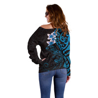 New Zealand Tuatara Plumeria Off Shoulder Sweater Maori Blue Koru Tribal Tattoo LT01 - Polynesian Pride