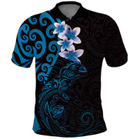 New Zealand Tuatara Plumeria Polo Shirt Maori Blue Koru Tribal Tattoo LT01 Blue - Polynesian Pride