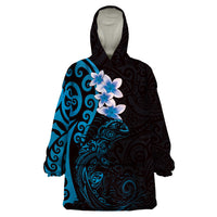 New Zealand Tuatara Plumeria Wearable Blanket Hoodie Maori Blue Koru Tribal Tattoo LT01 One Size Blue - Polynesian Pride