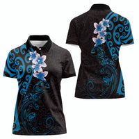 New Zealand Tuatara Plumeria Women Polo Shirt Maori Blue Koru Tribal Tattoo LT01 - Polynesian Pride