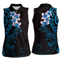 New Zealand Tuatara Plumeria Women Sleeveless Polo Shirt Maori Blue Koru Tribal Tattoo LT01 - Polynesian Pride