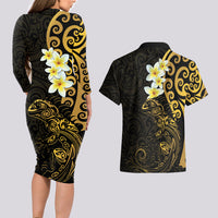New Zealand Tuatara Plumeria Couples Matching Long Sleeve Bodycon Dress and Hawaiian Shirt Maori Gold Koru Tribal Tattoo LT01 - Polynesian Pride
