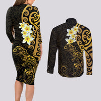 New Zealand Tuatara Plumeria Couples Matching Long Sleeve Bodycon Dress and Long Sleeve Button Shirt Maori Gold Koru Tribal Tattoo LT01 - Polynesian Pride