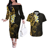 New Zealand Tuatara Plumeria Couples Matching Off The Shoulder Long Sleeve Dress and Hawaiian Shirt Maori Gold Koru Tribal Tattoo LT01 Gold - Polynesian Pride