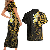 New Zealand Tuatara Plumeria Couples Matching Short Sleeve Bodycon Dress and Hawaiian Shirt Maori Gold Koru Tribal Tattoo LT01 - Polynesian Pride