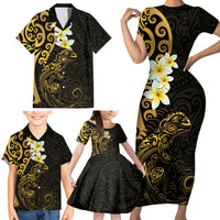 New Zealand Tuatara Plumeria Family Matching Short Sleeve Bodycon Dress and Hawaiian Shirt Maori Gold Koru Tribal Tattoo LT01 - Polynesian Pride