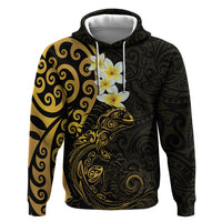 New Zealand Tuatara Plumeria Hoodie Maori Gold Koru Tribal Tattoo LT01 Pullover Hoodie Gold - Polynesian Pride