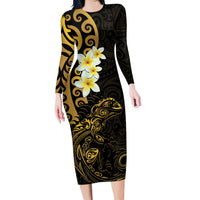 New Zealand Tuatara Plumeria Long Sleeve Bodycon Dress Maori Gold Koru Tribal Tattoo LT01 Long Dress Gold - Polynesian Pride