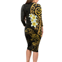New Zealand Tuatara Plumeria Long Sleeve Bodycon Dress Maori Gold Koru Tribal Tattoo LT01 - Polynesian Pride
