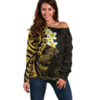 New Zealand Tuatara Plumeria Off Shoulder Sweater Maori Gold Koru Tribal Tattoo LT01 Women Gold - Polynesian Pride