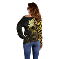 New Zealand Tuatara Plumeria Off Shoulder Sweater Maori Gold Koru Tribal Tattoo LT01 - Polynesian Pride