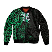 New Zealand Tuatara Plumeria Bomber Jacket Maori Green Koru Tribal Tattoo LT01 Unisex Green - Polynesian Pride