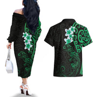 New Zealand Tuatara Plumeria Couples Matching Off The Shoulder Long Sleeve Dress and Hawaiian Shirt Maori Green Koru Tribal Tattoo LT01 - Polynesian Pride