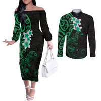 New Zealand Tuatara Plumeria Couples Matching Off The Shoulder Long Sleeve Dress and Long Sleeve Button Shirt Maori Green Koru Tribal Tattoo LT01 Green - Polynesian Pride