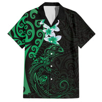 New Zealand Tuatara Plumeria Family Matching Off The Shoulder Long Sleeve Dress and Hawaiian Shirt Maori Green Koru Tribal Tattoo LT01 Dad's Shirt - Short Sleeve Green - Polynesian Pride
