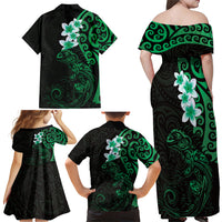 New Zealand Tuatara Plumeria Family Matching Off Shoulder Maxi Dress and Hawaiian Shirt Maori Green Koru Tribal Tattoo LT01 - Polynesian Pride