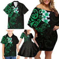 New Zealand Tuatara Plumeria Family Matching Off Shoulder Short Dress and Hawaiian Shirt Maori Green Koru Tribal Tattoo LT01 - Polynesian Pride