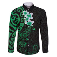New Zealand Tuatara Plumeria Family Matching Puletasi and Hawaiian Shirt Maori Green Koru Tribal Tattoo LT01 Dad's Shirt - Long Sleeve Green - Polynesian Pride