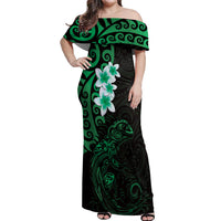 New Zealand Tuatara Plumeria Off Shoulder Maxi Dress Maori Green Koru Tribal Tattoo LT01 Women Green - Polynesian Pride