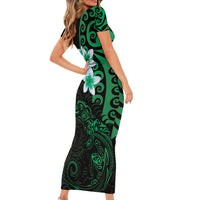 New Zealand Tuatara Plumeria Short Sleeve Bodycon Dress Maori Green Koru Tribal Tattoo LT01 - Polynesian Pride