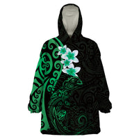 New Zealand Tuatara Plumeria Wearable Blanket Hoodie Maori Green Koru Tribal Tattoo LT01 One Size Green - Polynesian Pride