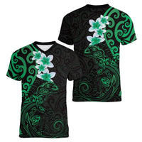 New Zealand Tuatara Plumeria Women V-Neck T-Shirt Maori Green Koru Tribal Tattoo LT01 - Polynesian Pride