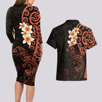 New Zealand Tuatara Plumeria Couples Matching Long Sleeve Bodycon Dress and Hawaiian Shirt Maori Orange Koru Tribal Tattoo LT01 - Polynesian Pride