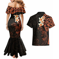 New Zealand Tuatara Plumeria Couples Matching Mermaid Dress and Hawaiian Shirt Maori Orange Koru Tribal Tattoo LT01 - Polynesian Pride