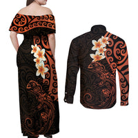 New Zealand Tuatara Plumeria Couples Matching Off Shoulder Maxi Dress and Long Sleeve Button Shirt Maori Orange Koru Tribal Tattoo LT01 - Polynesian Pride
