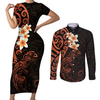 New Zealand Tuatara Plumeria Couples Matching Short Sleeve Bodycon Dress and Long Sleeve Button Shirt Maori Orange Koru Tribal Tattoo LT01 Orange - Polynesian Pride