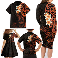New Zealand Tuatara Plumeria Family Matching Long Sleeve Bodycon Dress and Hawaiian Shirt Maori Orange Koru Tribal Tattoo LT01 - Polynesian Pride