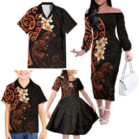 New Zealand Tuatara Plumeria Family Matching Off The Shoulder Long Sleeve Dress and Hawaiian Shirt Maori Orange Koru Tribal Tattoo LT01 - Polynesian Pride