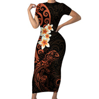 New Zealand Tuatara Plumeria Short Sleeve Bodycon Dress Maori Orange Koru Tribal Tattoo LT01 Long Dress Orange - Polynesian Pride