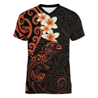 New Zealand Tuatara Plumeria Women V-Neck T-Shirt Maori Orange Koru Tribal Tattoo LT01 Female Orange - Polynesian Pride