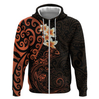 New Zealand Tuatara Plumeria Zip Hoodie Maori Orange Koru Tribal Tattoo LT01 Zip Hoodie Orange - Polynesian Pride