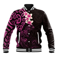 New Zealand Tuatara Plumeria Baseball Jacket Maori Pink Koru Tribal Tattoo LT01 Unisex Pink - Polynesian Pride