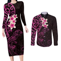 New Zealand Tuatara Plumeria Couples Matching Long Sleeve Bodycon Dress and Long Sleeve Button Shirt Maori Pink Koru Tribal Tattoo LT01 Pink - Polynesian Pride