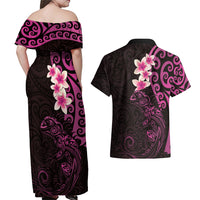 New Zealand Tuatara Plumeria Couples Matching Off Shoulder Maxi Dress and Hawaiian Shirt Maori Pink Koru Tribal Tattoo LT01 - Polynesian Pride