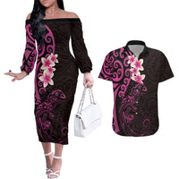 New Zealand Tuatara Plumeria Couples Matching Off The Shoulder Long Sleeve Dress and Hawaiian Shirt Maori Pink Koru Tribal Tattoo LT01 Pink - Polynesian Pride