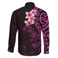 New Zealand Tuatara Plumeria Family Matching Long Sleeve Bodycon Dress and Hawaiian Shirt Maori Pink Koru Tribal Tattoo LT01 - Polynesian Pride