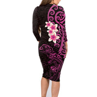 New Zealand Tuatara Plumeria Family Matching Long Sleeve Bodycon Dress and Hawaiian Shirt Maori Pink Koru Tribal Tattoo LT01 - Polynesian Pride