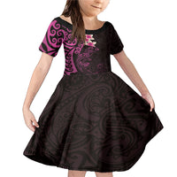 New Zealand Tuatara Plumeria Family Matching Mermaid Dress and Hawaiian Shirt Maori Pink Koru Tribal Tattoo LT01 Daughter's Dress Pink - Polynesian Pride