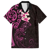 New Zealand Tuatara Plumeria Family Matching Off The Shoulder Long Sleeve Dress and Hawaiian Shirt Maori Pink Koru Tribal Tattoo LT01 Dad's Shirt - Short Sleeve Pink - Polynesian Pride