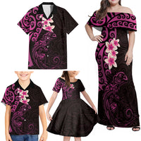 New Zealand Tuatara Plumeria Family Matching Off Shoulder Maxi Dress and Hawaiian Shirt Maori Pink Koru Tribal Tattoo LT01 - Polynesian Pride
